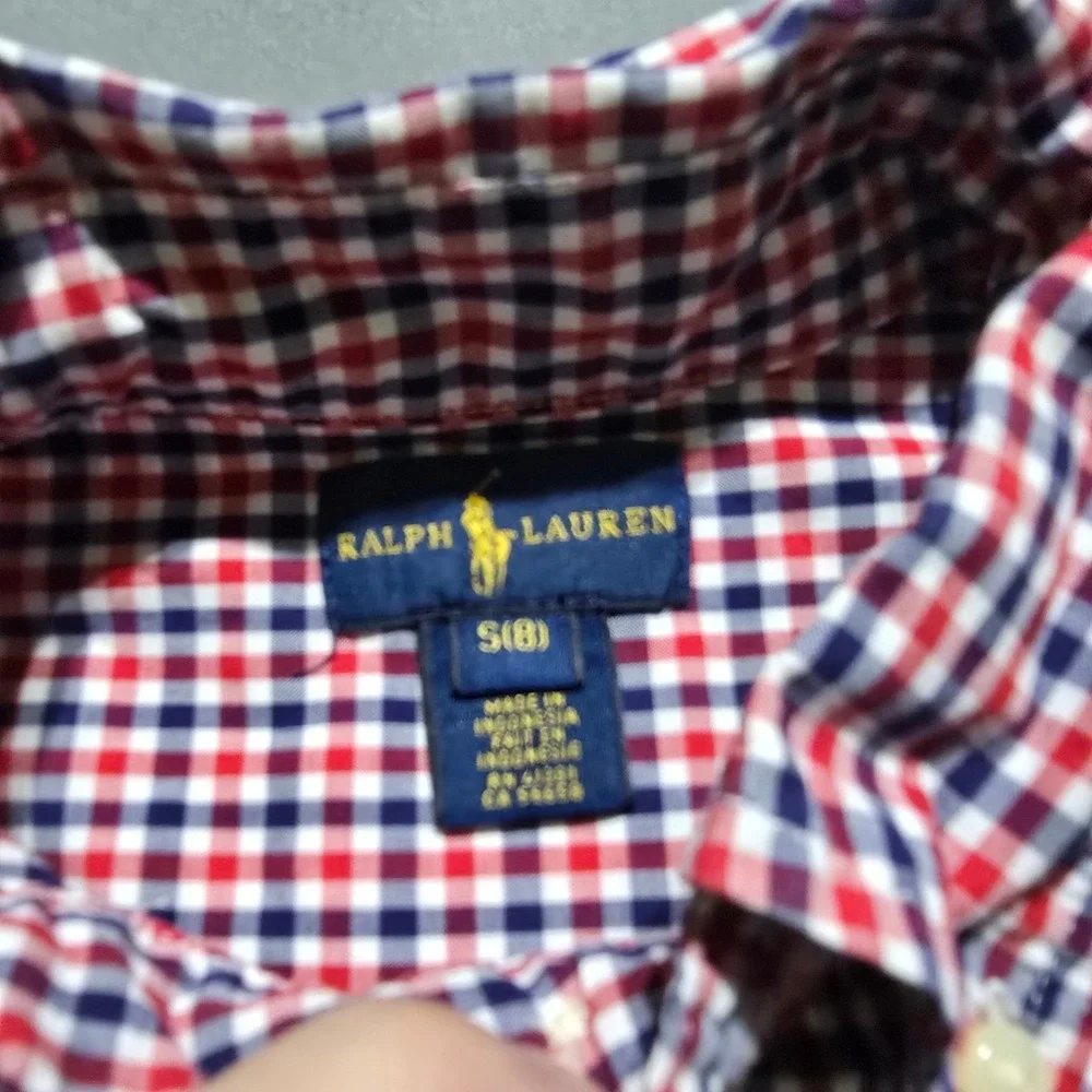 Ralph Lauren Button Down Shirt Kids small (8) Red White Blue Gingham Check Pony